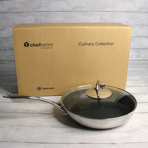 Tupperware Chef Series Non Stick 11" Fry Pan Stainless Steel Glass Cover - Picture 1 of 7